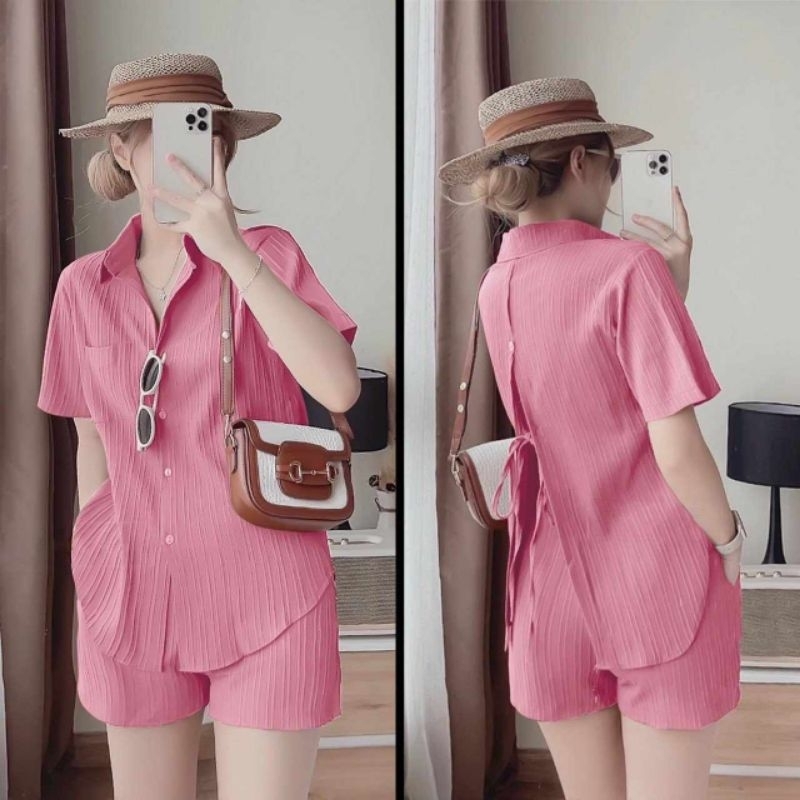 Bộ đũi sóng nhăn quần đùi áo sơ mi buộc nơ sau, hàng giá tận xưởng