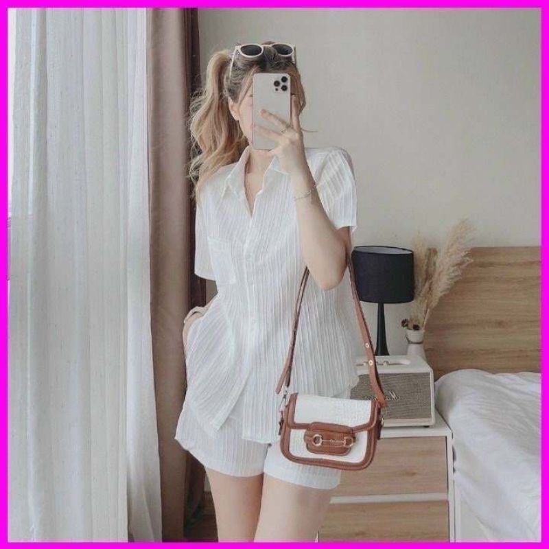 Bộ đũi sóng nhăn quần đùi áo sơ mi buộc nơ sau, hàng giá tận xưởng
