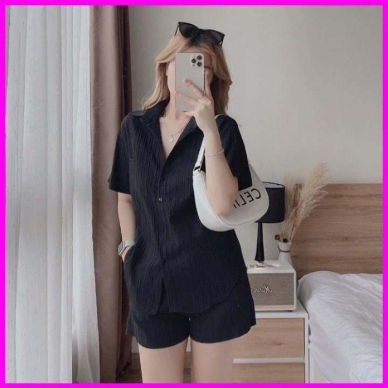 Bộ đũi sóng nhăn quần đùi áo sơ mi buộc nơ sau, hàng giá tận xưởng