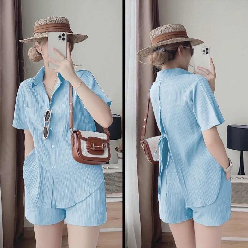 Bộ đũi sóng nhăn quần đùi áo sơ mi buộc nơ sau, hàng giá tận xưởng