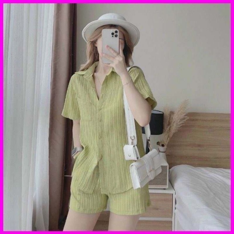 Bộ đũi sóng nhăn quần đùi áo sơ mi buộc nơ sau, hàng giá tận xưởng
