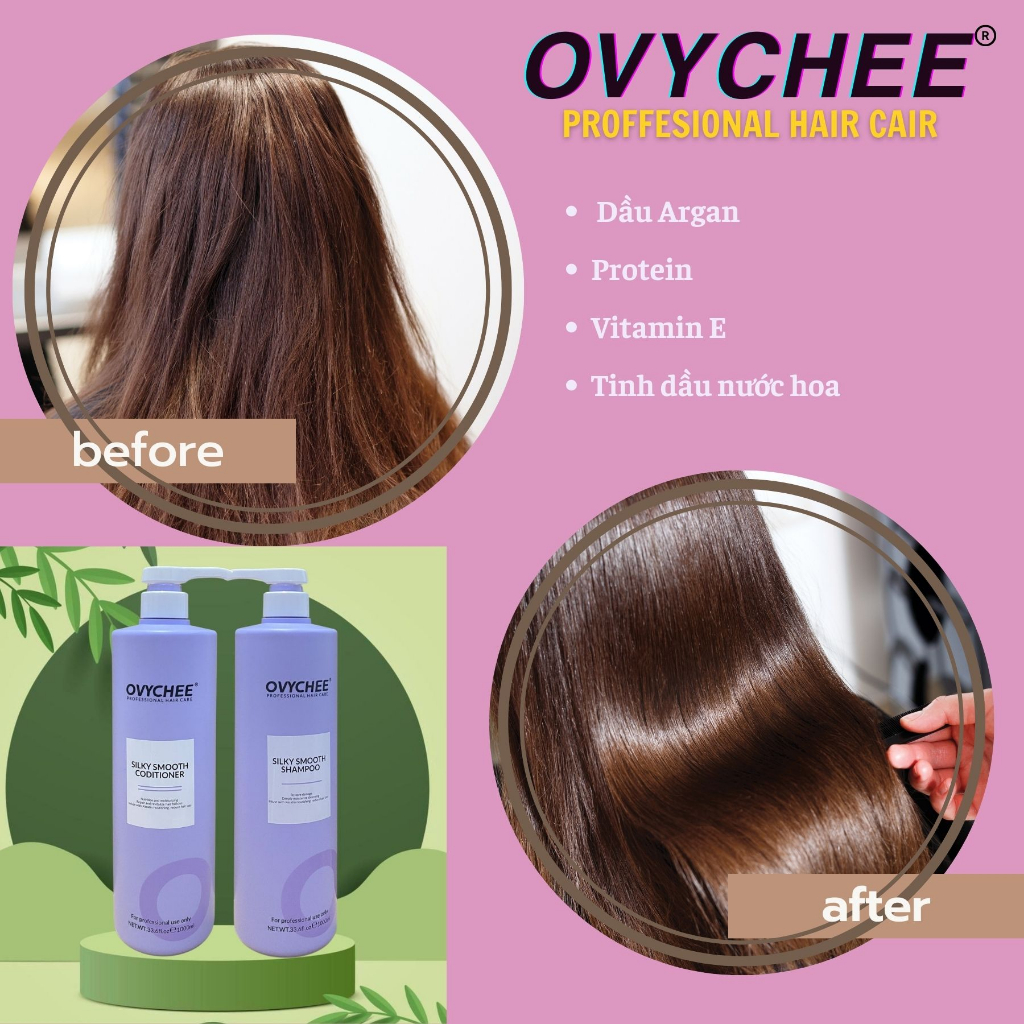 Cặp Dầu Gội Xả OVYCHEE Silky Smooth 1000ml/Chai | Dưỡng Tóc Mềm Mượt, Dễ Chải, Giảm Khô Xơ.