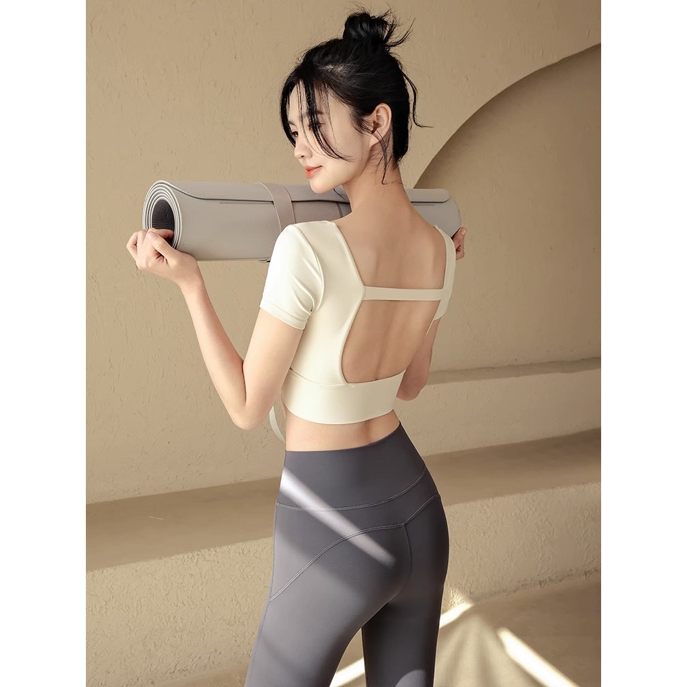 Áo Crop Top Tập Yoga Pilates Fit Her Tay Ngắn Hở Lưng Có Đệm Tháo Rời Được Dành Cho Nữ