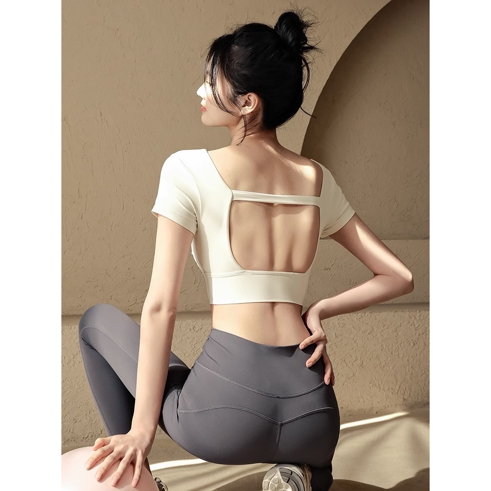 Áo Crop Top Tập Yoga Pilates Fit Her Tay Ngắn Hở Lưng Có Đệm Tháo Rời Được Dành Cho Nữ