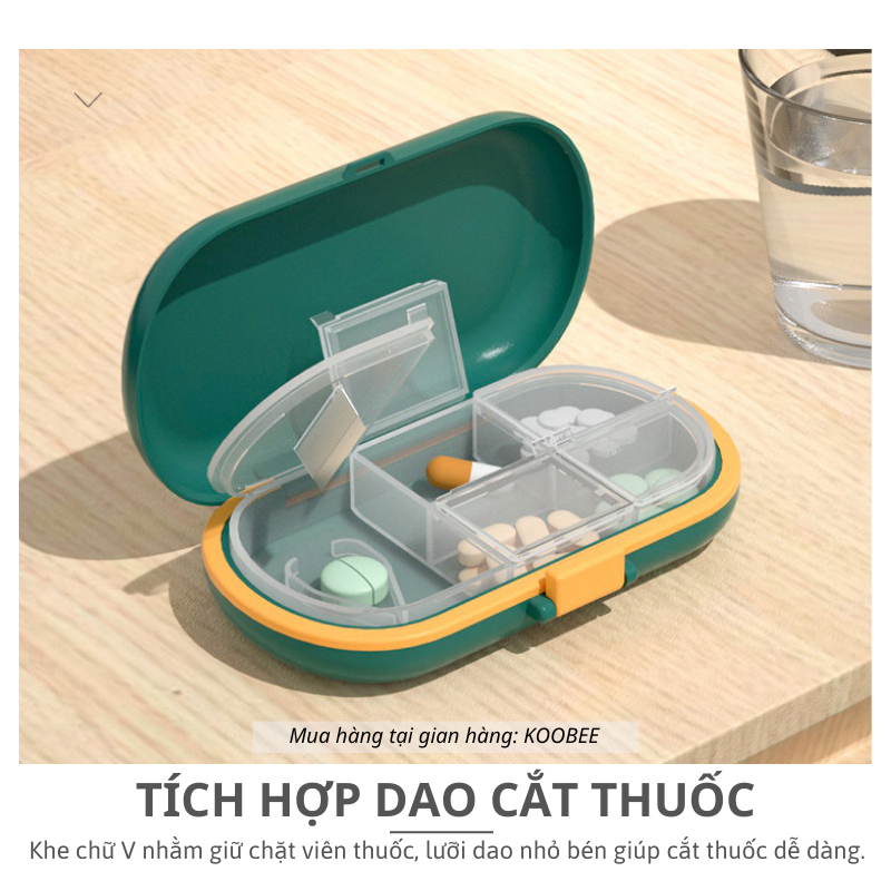 Hộp Đựng Thuốc Mini Kèm Dao Cắt KOOBEE – Chống Ẩm, 4 Ngăn Nhỏ Gọn, Dễ Mang Theo Khi Đi Làm, Du Lịch (NT08)
