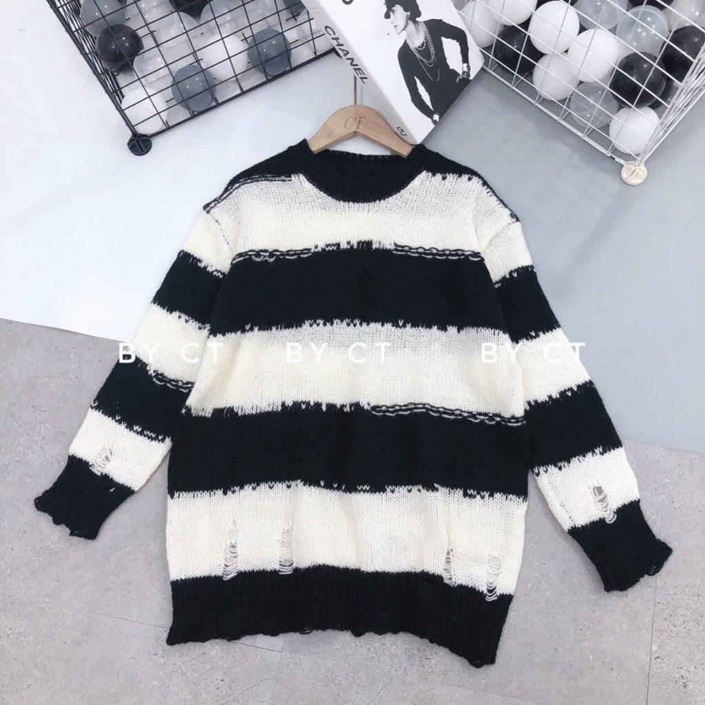 Áo Len Rách Phối Kẻ Đen Trắng Cổ Tròn Dài Tay Đan Len NAm Nữ Unisex ...