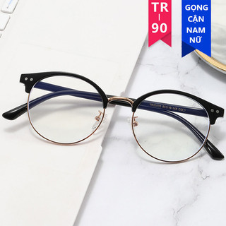 Gọng kính cận nam nữ mắt tròn Clubmaster không độ cao cấp chống ánh sáng xanh và tia UV thay được mắt kính HANASO 181
