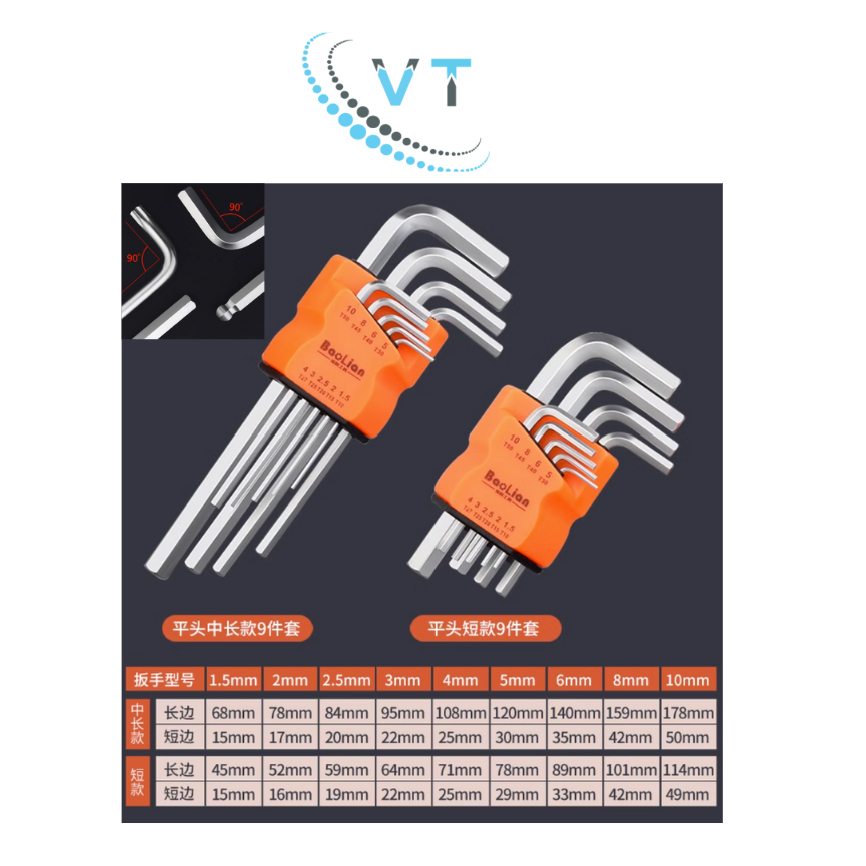 Bộ lục giác 9 món (nhiều màu sắc), khóa lục giác chữ L, bộ khóa lục giác thép cứng cao cấp CR-V chất lượng cao