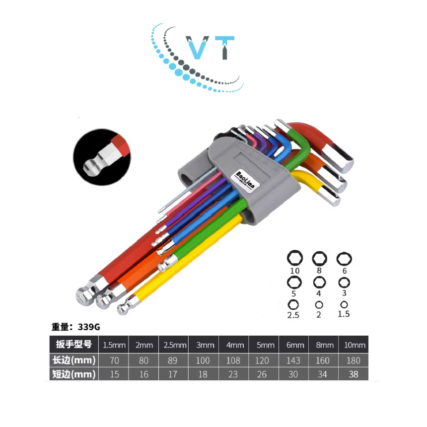 Bộ lục giác 9 món (nhiều màu sắc), khóa lục giác chữ L, bộ khóa lục giác thép cứng cao cấp CR-V chất lượng cao