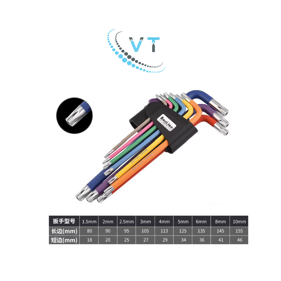 Bộ lục giác 9 món (nhiều màu sắc), khóa lục giác chữ L, bộ khóa lục giác thép cứng cao cấp CR-V chất lượng cao