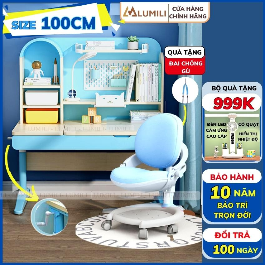 Bộ bàn học chống gù gỗ tự nhiên cao cấp Lumili S4 size lớn nâng hạ độ cao tay quay, điều chỉnh nghiêng dễ dàng