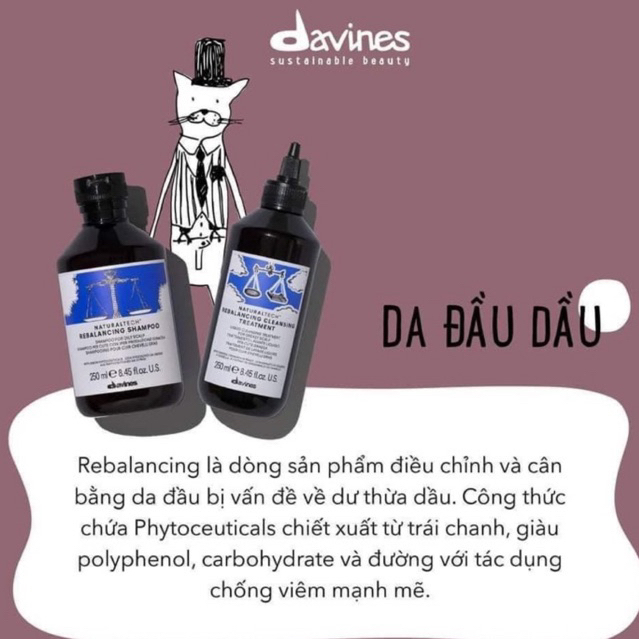 DUNG DỊCH LÀM SẠCH BÃ NHỜN TRÊN DA ĐẦU VÀ CÂN BẰNG DẦU DAVINES REBALANCING  CLEANSING TREATMENT 250ml