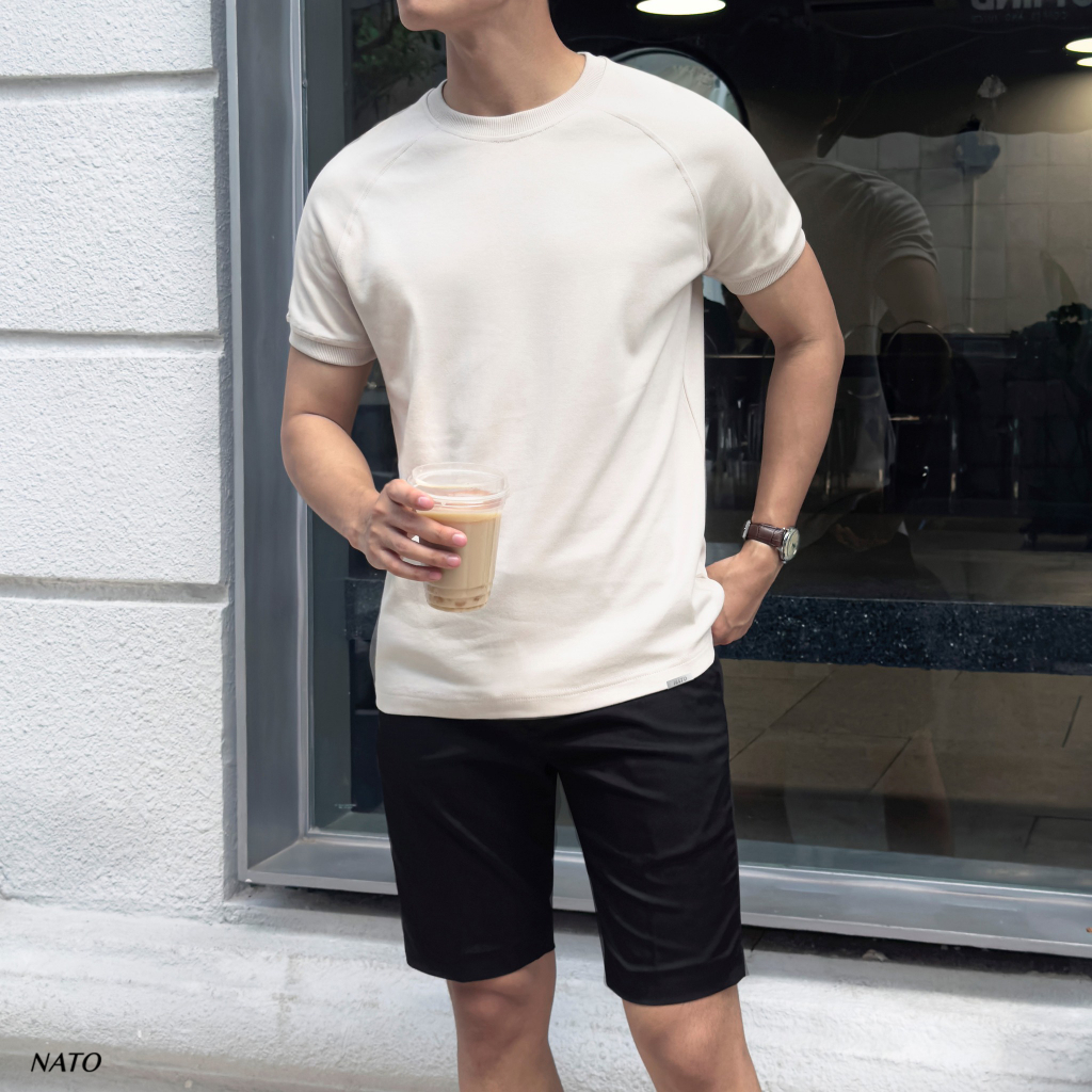 Áo Thun Nam Nato Alan Màu Trơn Tay Phối Cổ Tròn Co Giãn Tốt Vải Cotton Dày Dặn Cao Cấp 280Gsm | BigBuy360 - bigbuy360.vn