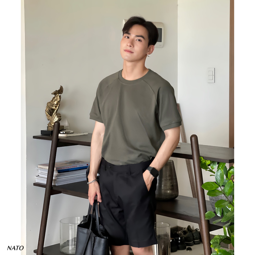 Áo Thun Nam Nato Alan Màu Trơn Tay Phối Cổ Tròn Co Giãn Tốt Vải Cotton Dày Dặn Cao Cấp 280Gsm | BigBuy360 - bigbuy360.vn