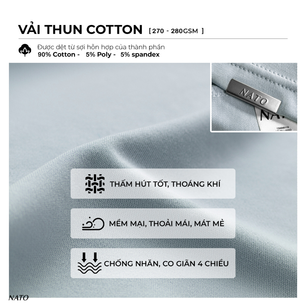 Áo Thun Nam Nato Alan Màu Trơn Tay Phối Cổ Tròn Co Giãn Tốt Vải Cotton Dày Dặn Cao Cấp 280Gsm | BigBuy360 - bigbuy360.vn