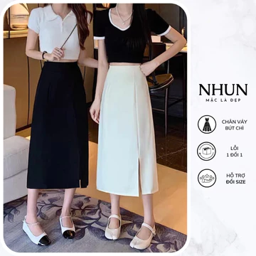 Chân váy bút chì xẻ trước NhunFashion Chân váy Midi dài dáng suông xẻ tà đơn giản cá tính phong cách sang trọng N129
