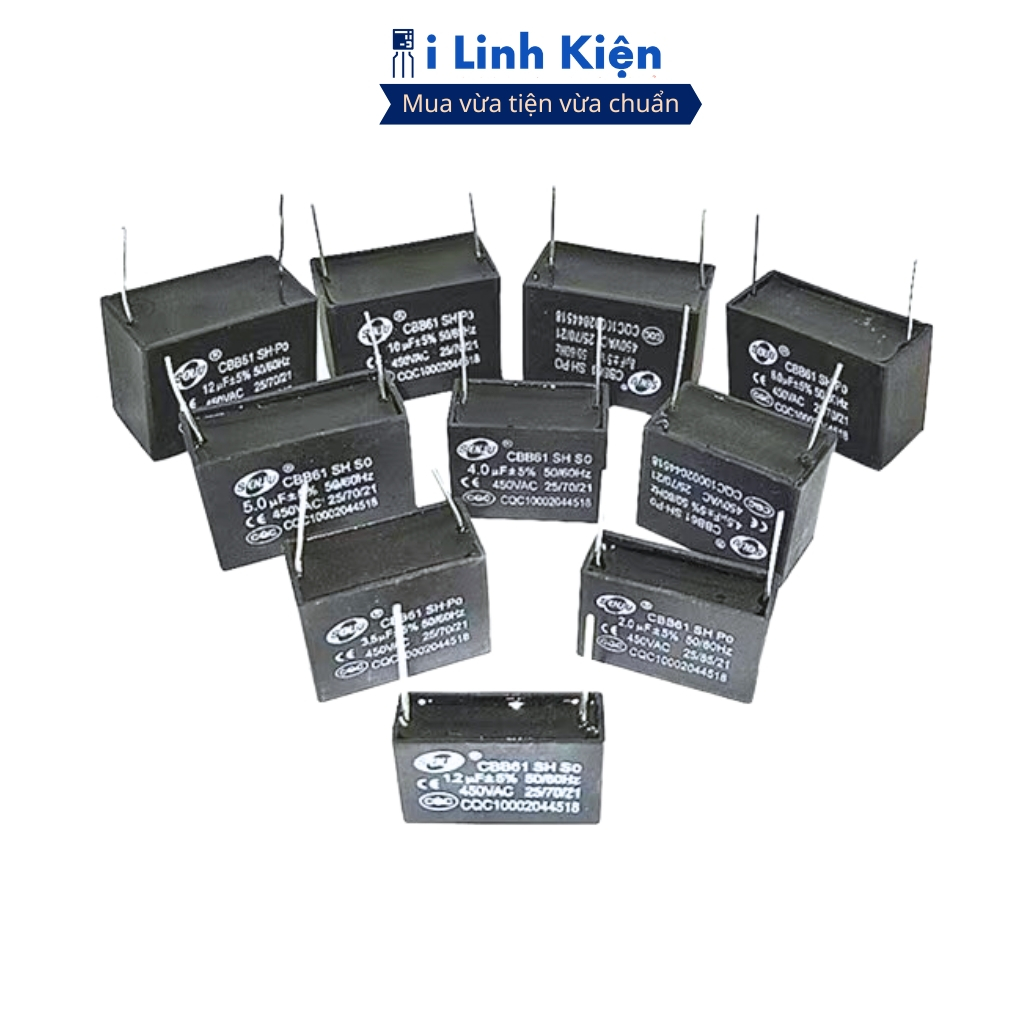 Tụ quạt 450VAC đâỳ đủ các giá trị chân hàn mạch cbb61 chính hãng ilinhkien.