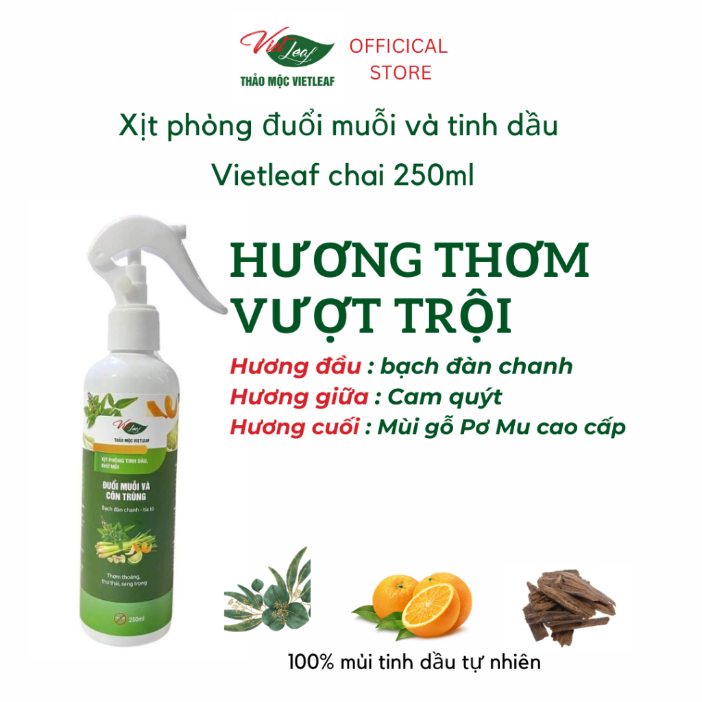 Xịt phòng tinh dầu giúp khử mùi, đuổi muỗi và côn trùng Thảo Mộc Vietleaf 250ml
