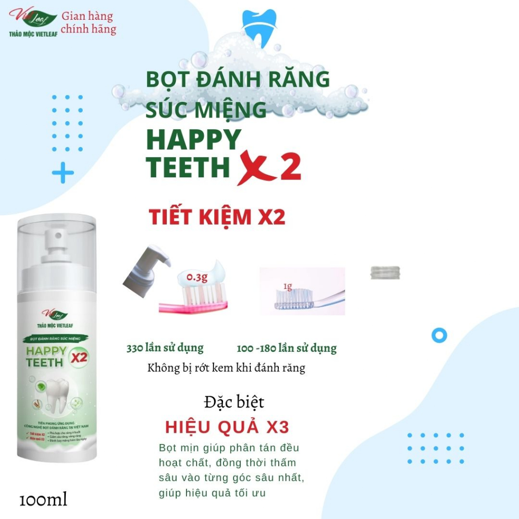 Bọt đánh răng súc miệng giảm cao răng mảng bám chống ê buốt Thảo Mộc Vietleaf Happy teeth X2 120g VIETLEAF-BDR120