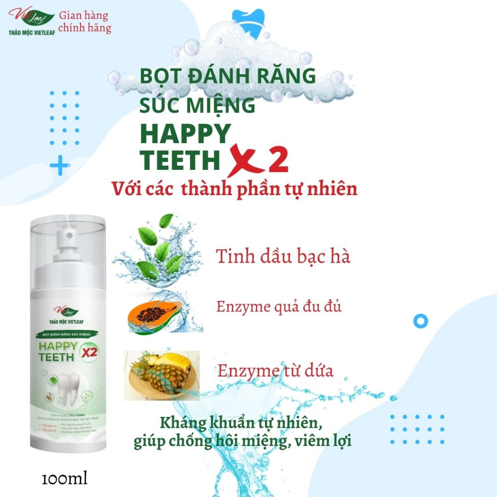Bọt đánh răng súc miệng giảm cao răng mảng bám chống ê buốt Thảo Mộc Vietleaf Happy teeth X2 120g VIETLEAF-BDR120