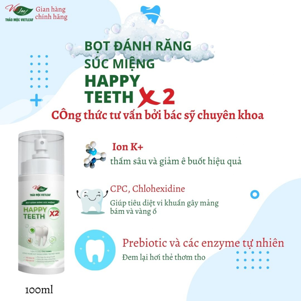 Bọt đánh răng súc miệng giảm cao răng mảng bám chống ê buốt Thảo Mộc Vietleaf Happy teeth X2 120g VIETLEAF-BDR120