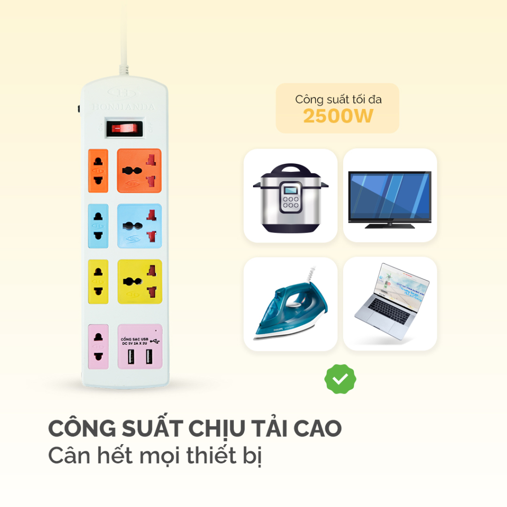 Ổ Cắm Điện Đa Năng HONJIANDA Sạc Nhanh TYPE-C USB PD20W Mã 04, Chịu Tải 2500W, Cầu Chì Tự Ngắt