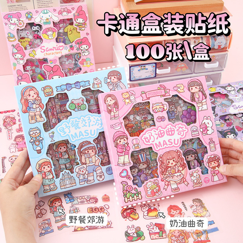 Hộp gồm 100 tấm sticker hoạt hình dễ thương dùng để trang trí sổ, đồ dùng nhiều mẫu nhiều chủ đề siêu xinh