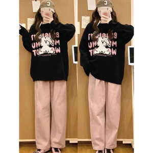 Set Nỉ EIN In Thỏ Trắng .Bộ đồ nữ áo sweater from rộng kèm quần suông nhung tăm phong cách Hàn Quốc Ulzzang