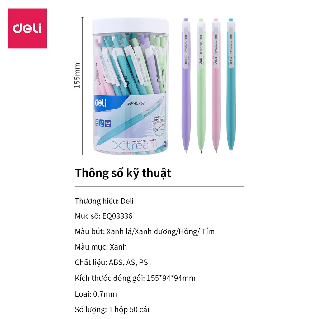 Product image Hộp 50 Bút Bi Xanh/ Đen Deli Đầu Ngòi 0.7mm/0.5mm Viết Bi Học Sinh Văn Phòng Ghi Chép Siêu Nhanh Màu Pastel Cute 9