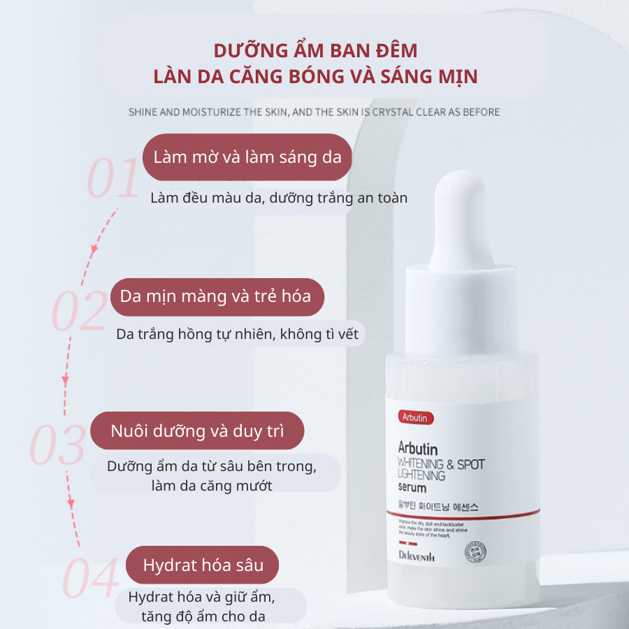 Serum arbutin DELEVENTH, Alpha arbutin chiết xuất tự nhiên giúp dưỡng ẩm, trắng da, giảm thâm, giảm mụn và phục hồi da