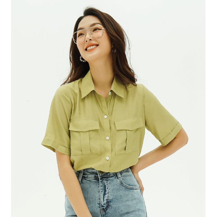 Áo sơ mi nữ công sở nữ Méo shop ngắn tay kiểu Hàn form rộng túi hộp Pocket shirt