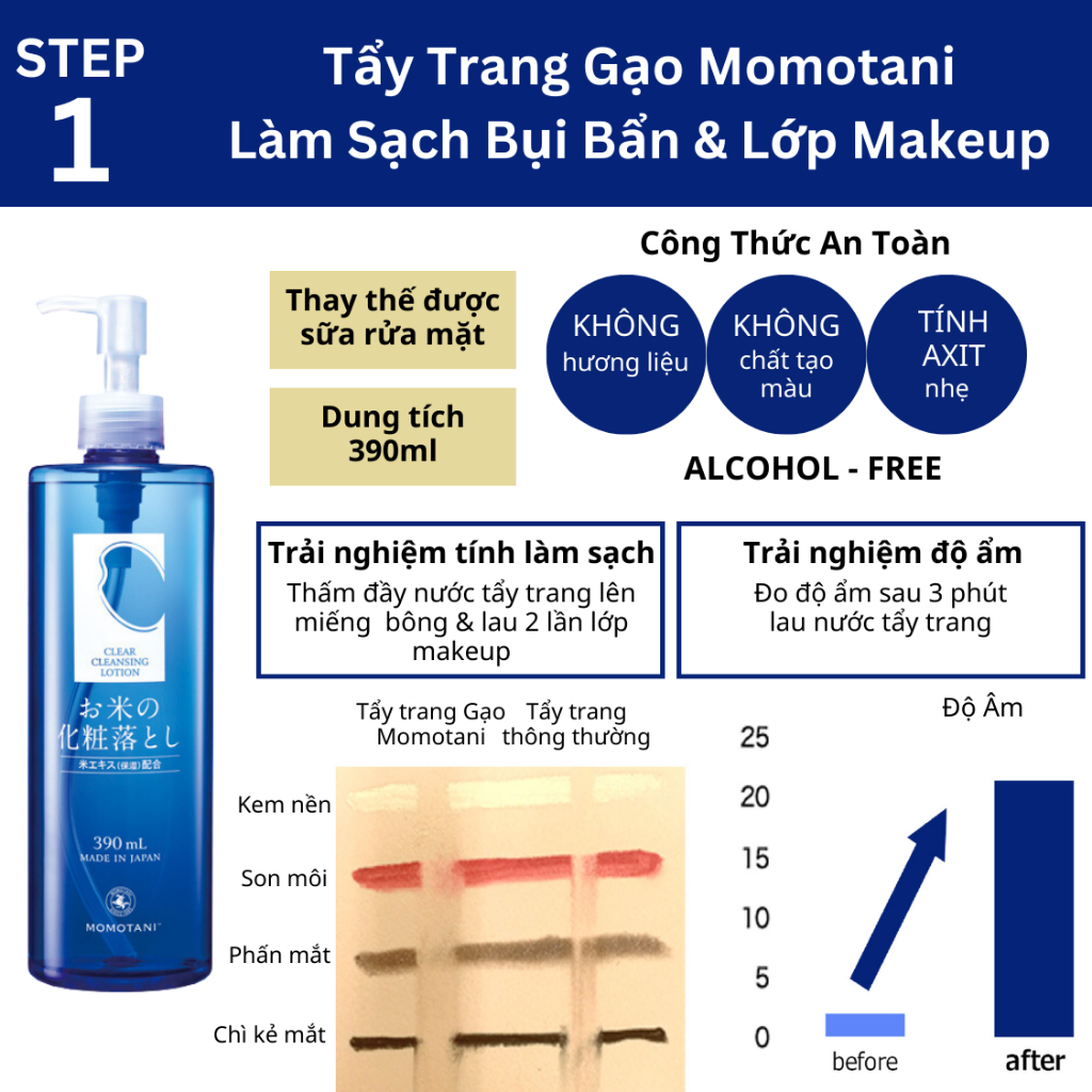 Ảnh Nước Tẩy Trang Gạo Hữu Cơ Dưỡng Trắng, Lành Tính MOMOTANI White Moisture Clear 390ml 3