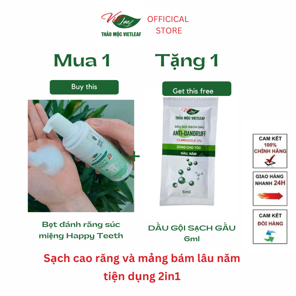 Bọt đánh răng súc miệng giảm cao răng mảng bám chống ê buốt Thảo Mộc Vietleaf Happy teeth X2 120g VIETLEAF-BDR120