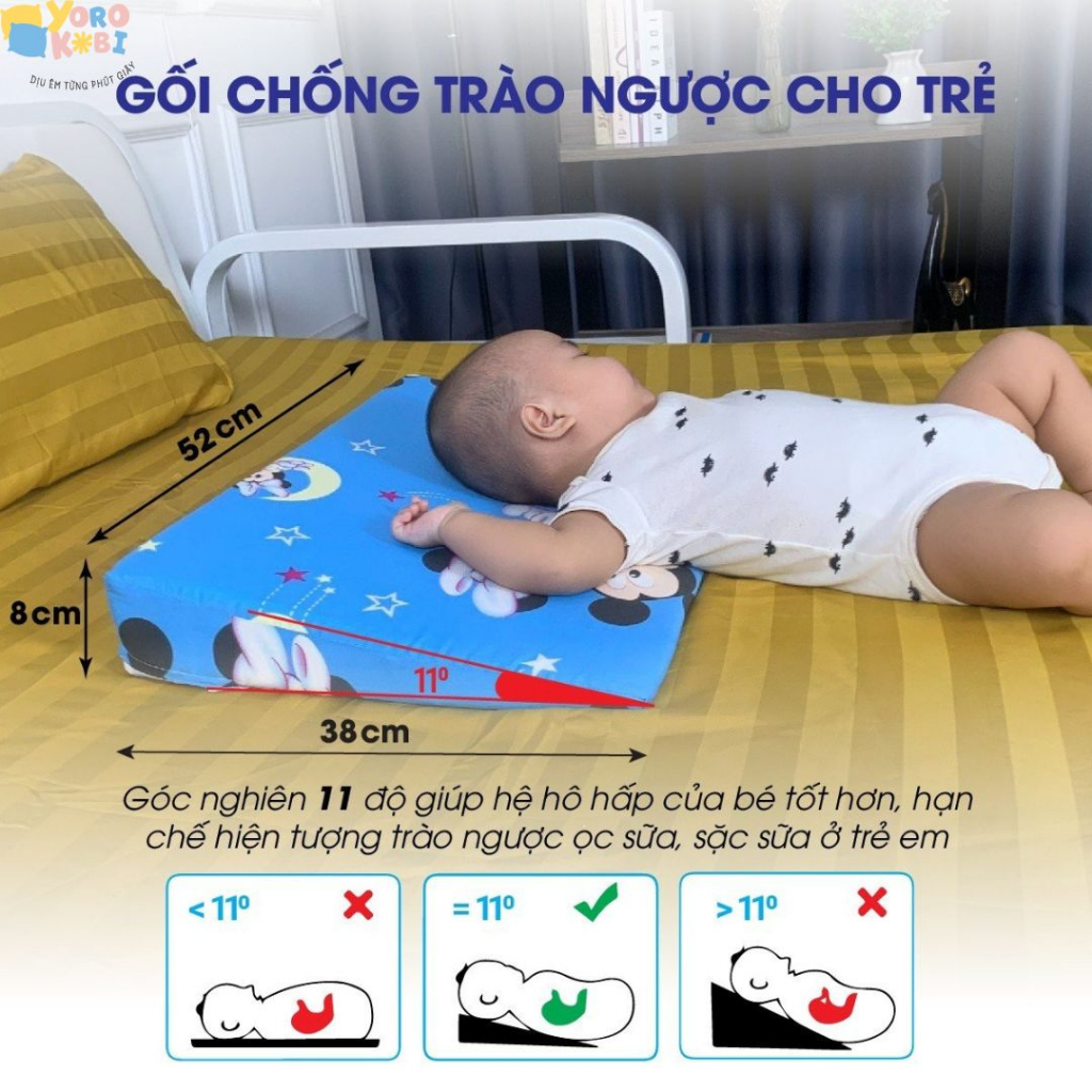 Gối chống trào ngược cho bé, chống trớ, ợ hơi Yorokobi - Nhiều màu- Kích thước 38x52x8cm