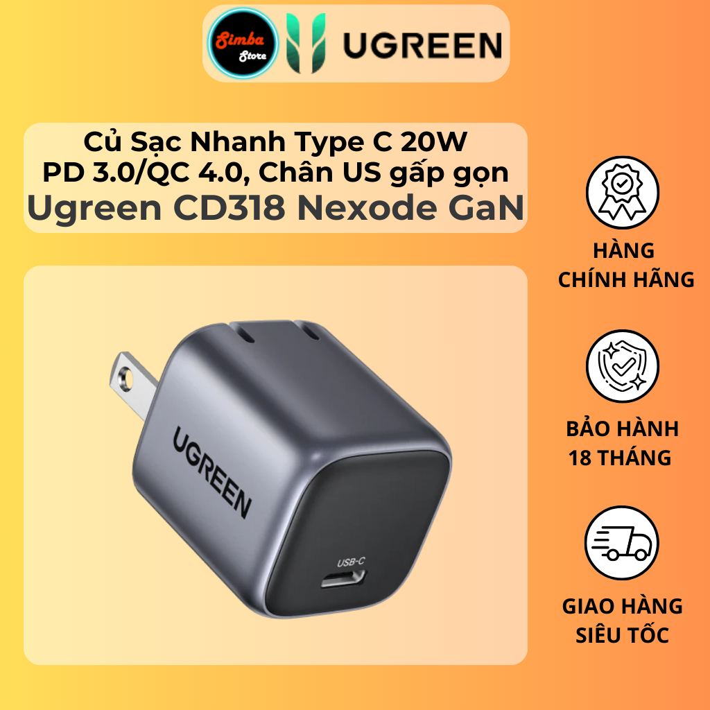 Củ Sạc Nhanh Ugreen CD318 Nexode GaN - 20W, PD 3.0/QC 4.0, Màu xám ...