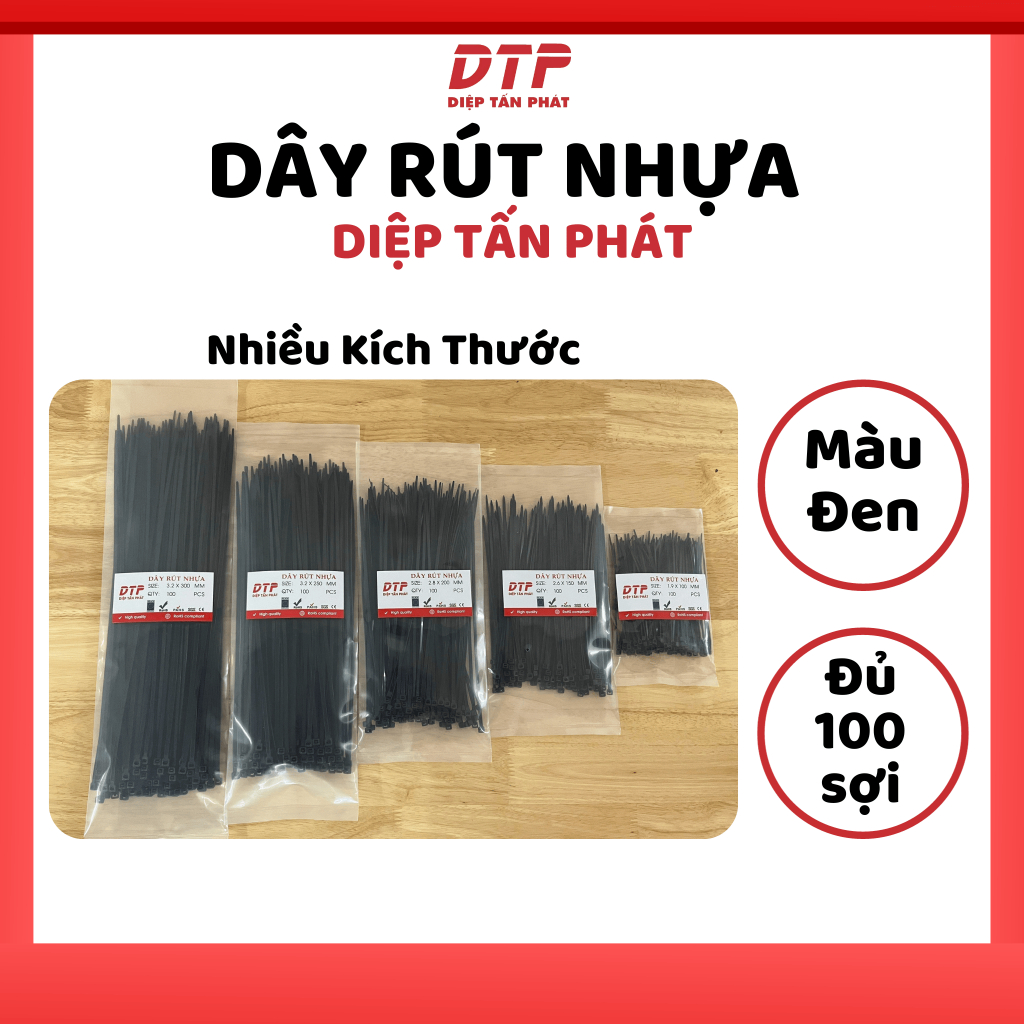 Túi 100 Sợi Dây Rút Nhựa Diệp Tấn Phát Nhiều Kích Cỡ Màu Đen 10cm, 15cm, 20cm, 25cm, 30cm