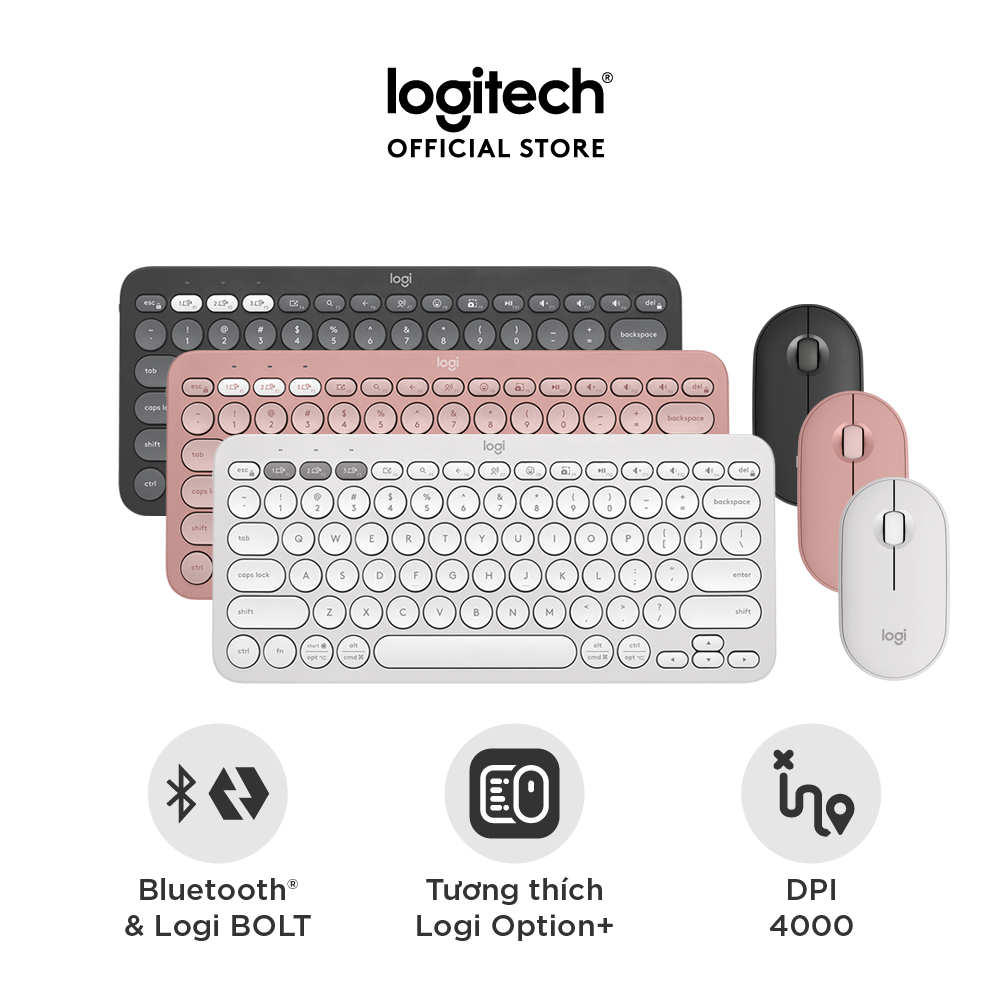 Logitech Pebble 2 – Bàn phím Bluetooth Logitech K380s và Chuột Logitech M350s – Yên tĩnh, Di động, Easy-Switch