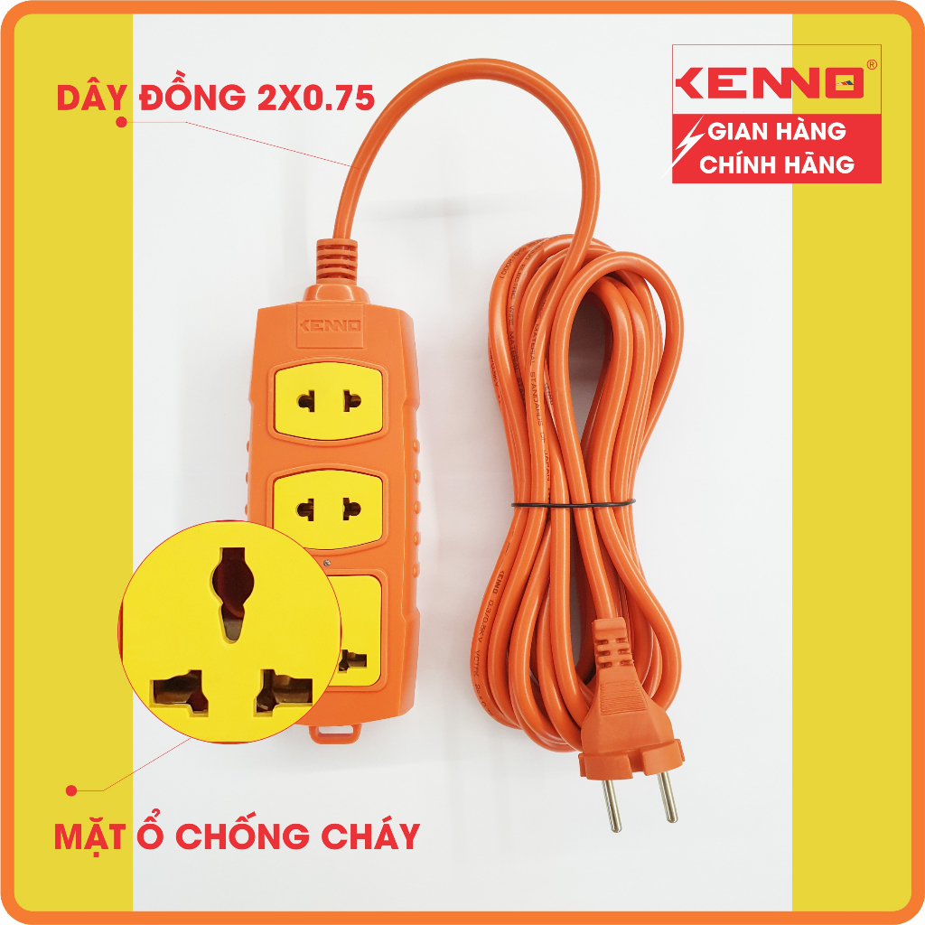 Ổ Cắm Điện KENNO 3 lỗ, 4 lỗ không dây và có dây Chịu Tải Công Suất Cao 6000w màu cam