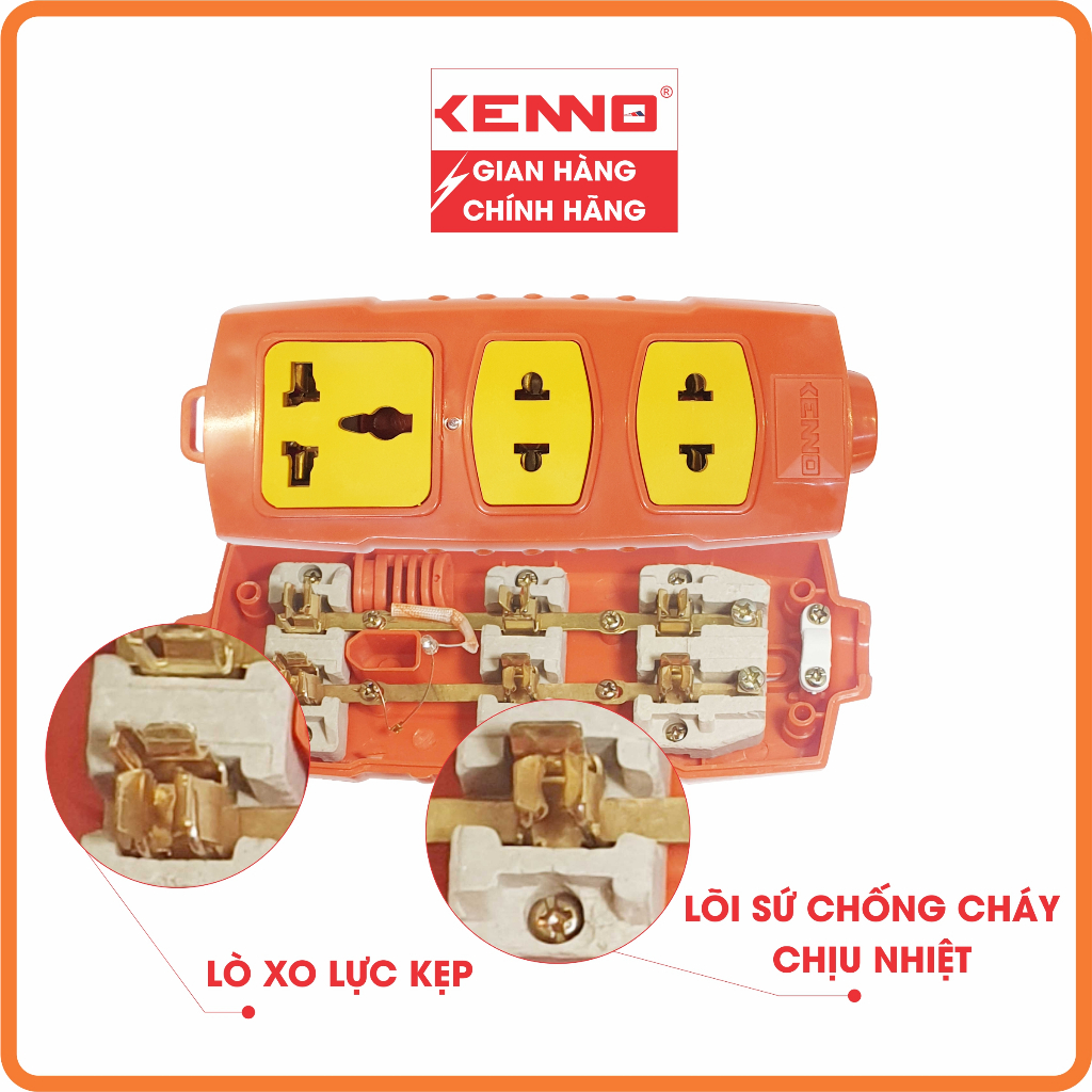 Ổ Cắm Điện KENNO 3 lỗ, 4 lỗ không dây và có dây Chịu Tải Công Suất Cao 6000w màu cam