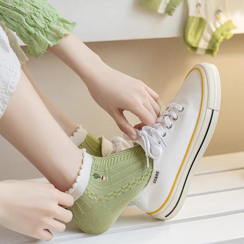 TÚI 10 ĐÔI TẤT XANH LÁ CỔ NGẮN HOẠ TIẾT BÈO