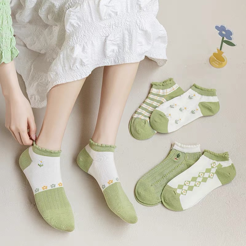 TÚI 10 ĐÔI TẤT XANH LÁ CỔ NGẮN HOẠ TIẾT BÈO