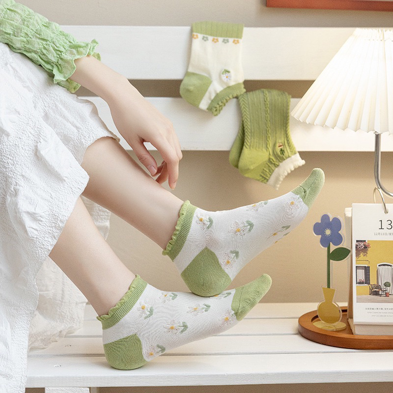 TÚI 10 ĐÔI TẤT XANH LÁ CỔ NGẮN HOẠ TIẾT BÈO