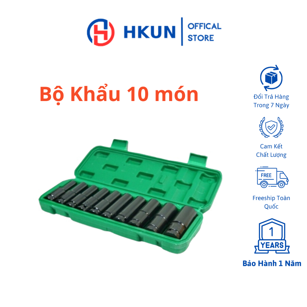 Bộ khẩu 10 món, khẩu dài 8-10-12-13-14-15-17-19-21-24 cao cấp chống han rỉ chống vỡ