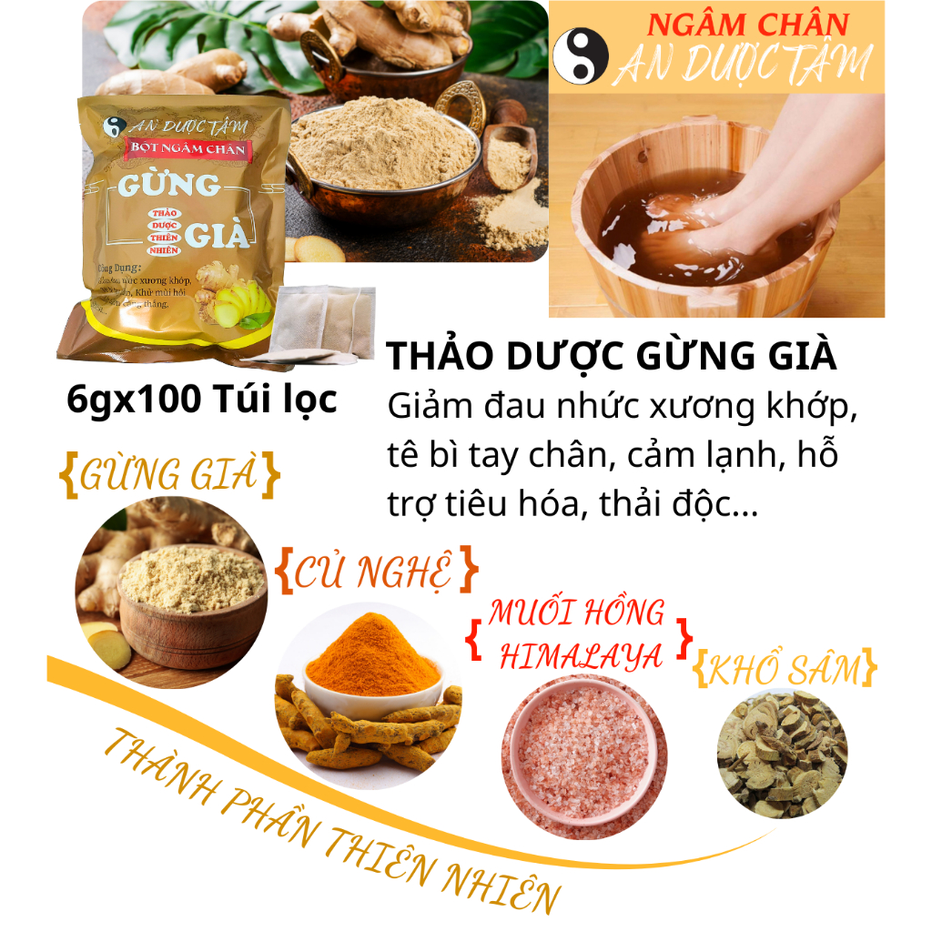 COMBO 200 Túi Lọc Ngâm Chân An Dược Tâm Thảo Dược VIỆT NAM. 100 Túi Ngải Cứu + 100 Túi Gừng Già. Giảm Đau Xương Khớp