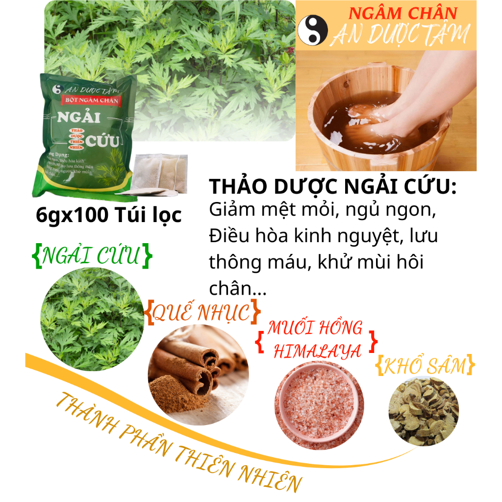COMBO 200 Túi Lọc Ngâm Chân An Dược Tâm Thảo Dược VIỆT NAM. 100 Túi Ngải Cứu + 100 Túi Gừng Già. Giảm Đau Xương Khớp