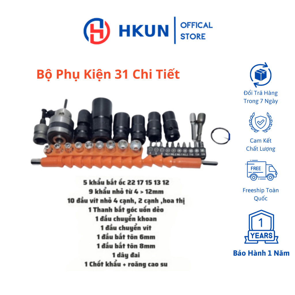 Bộ phụ kiện đa năng dành cho máy siết bulong, máy khoan pin - 31 chi tiết