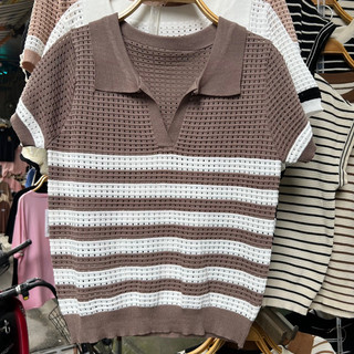 Áo len nữ polo cổ bẻ, áo len lưới lỗ thoáng mát mã 027