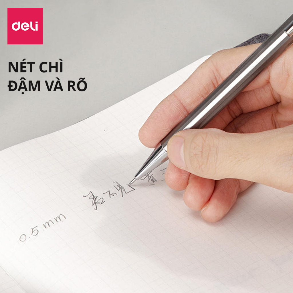 Ảnh Bút chì kim học sinh Deli kèm đầu tẩy - Ngòi 0.5/0.7mm - Vỏ kim loại không hao mòn chống gỉ- bảo vệ ngòi chì khi sử dụng 3