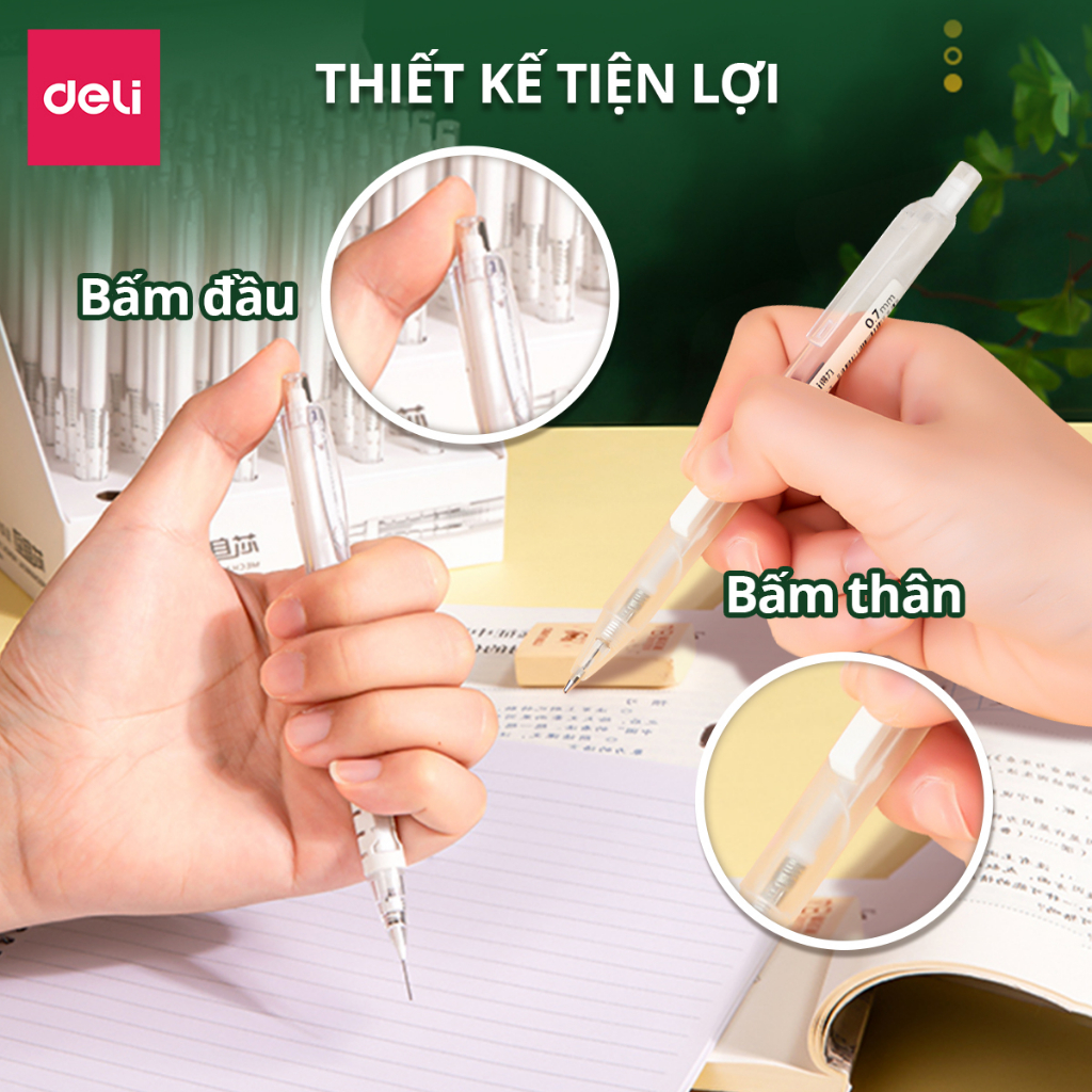(TẶNG NGÒI) Bút chì kim Deli bấm thân/ bấm đầu ngòi 0.5-0.7mm cao cấp kèm đầu tẩy - Cải tiến cho học sinh, dân văn phòng