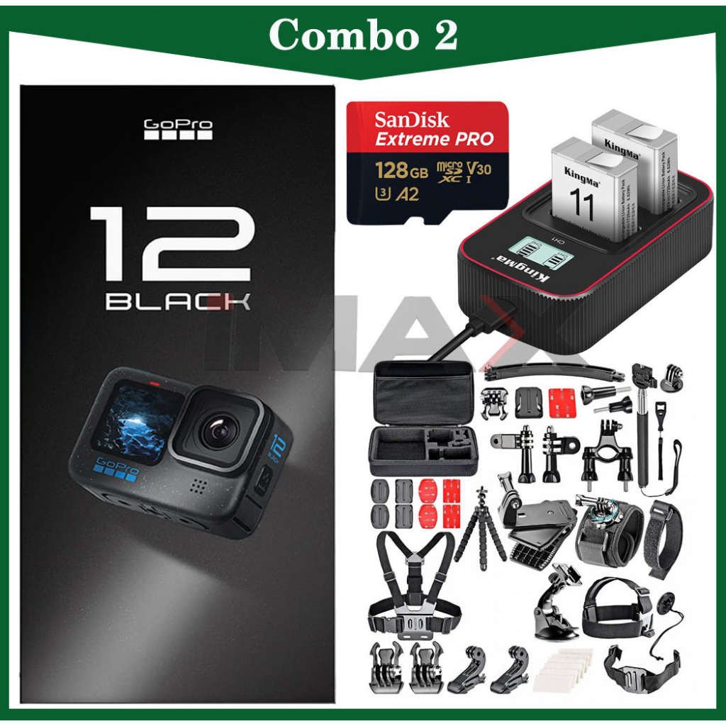 Combo 2: GoPro Hero 12 Black + Thẻ nhớ Sandisk 128GB + Bộ 2 pin 1 sạc ...